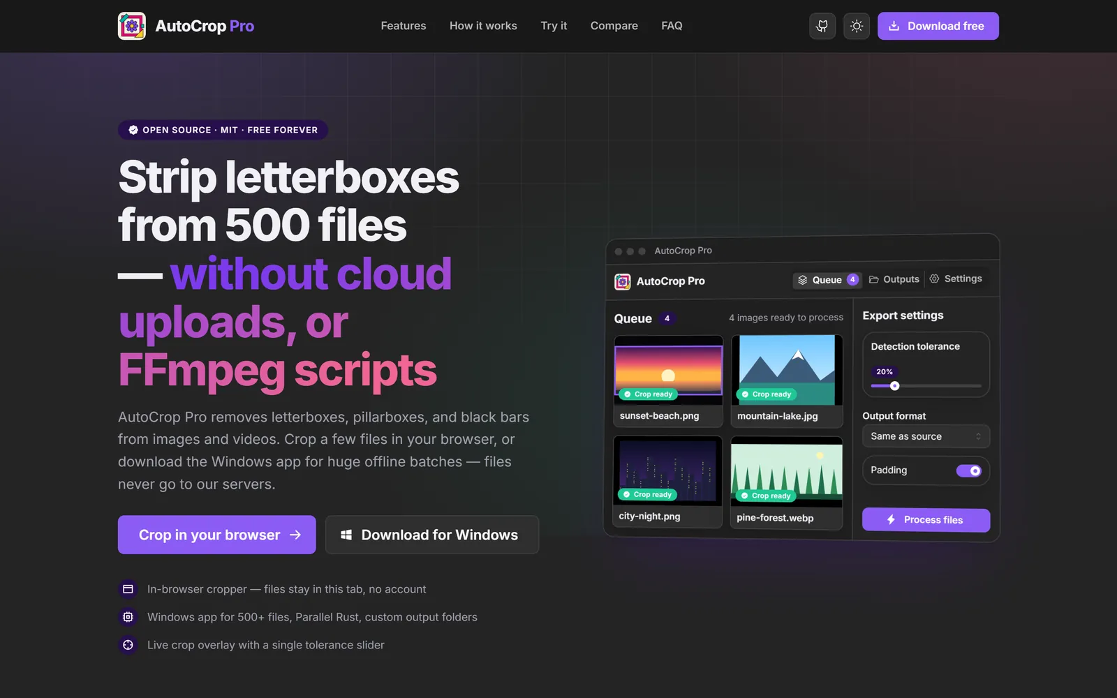AutoCrop Pro landing page: “Strip letterboxes from 500 files — without cloud uploads, or FFmpeg scripts.”