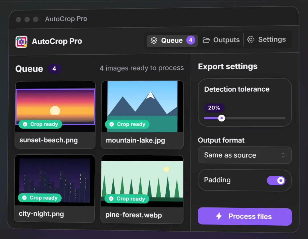 AutoCrop Pro queue with four images ready to crop and export settings