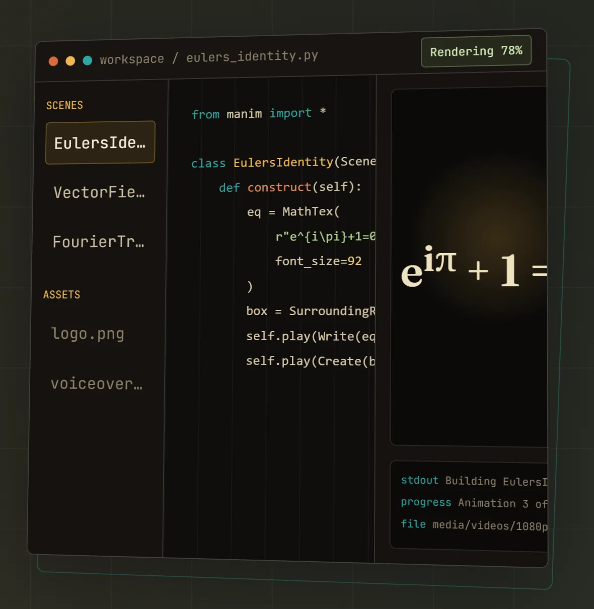 Manim Composer workspace rendering Euler’s identity next to its Python scene