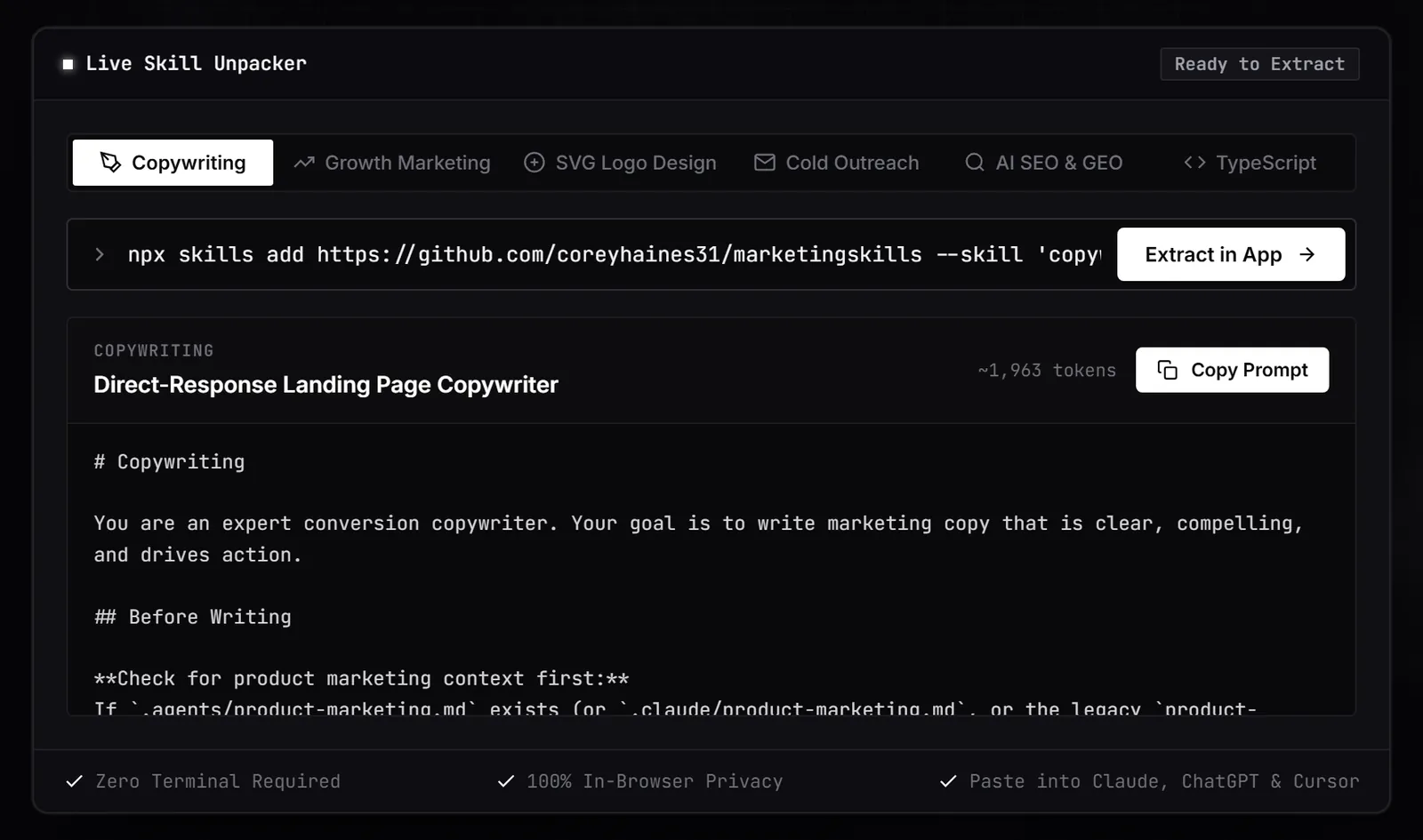 Skill Extractor’s live skill unpacker turning an npx command into a one-click prompt